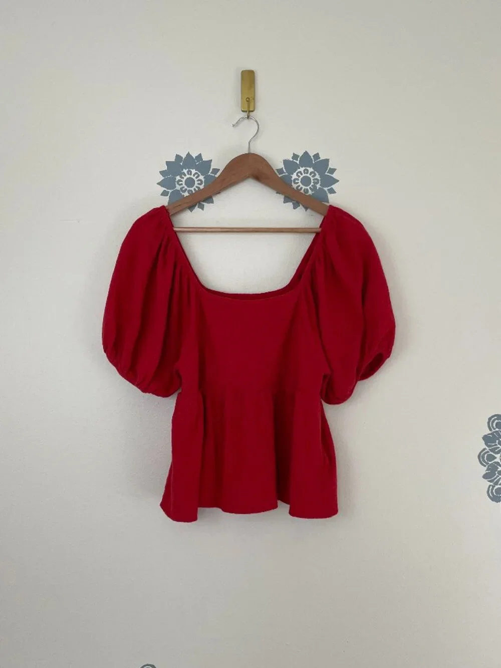 Madewell Red Dot Puff Sleeve Square Neck Peplum Top Size Small